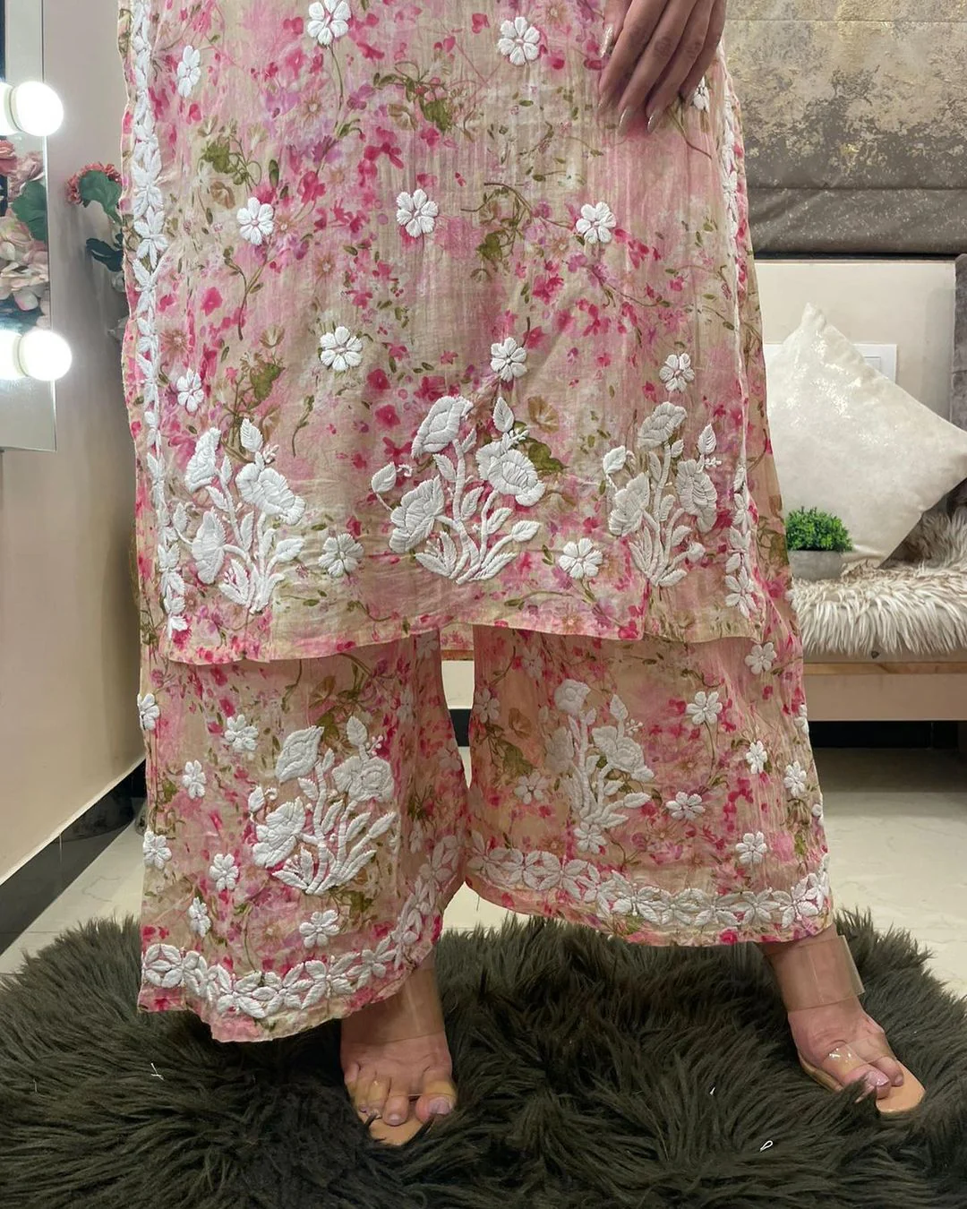 PINK CHIKANKARI EMBRODERY KURTI AND PALLAZO SET