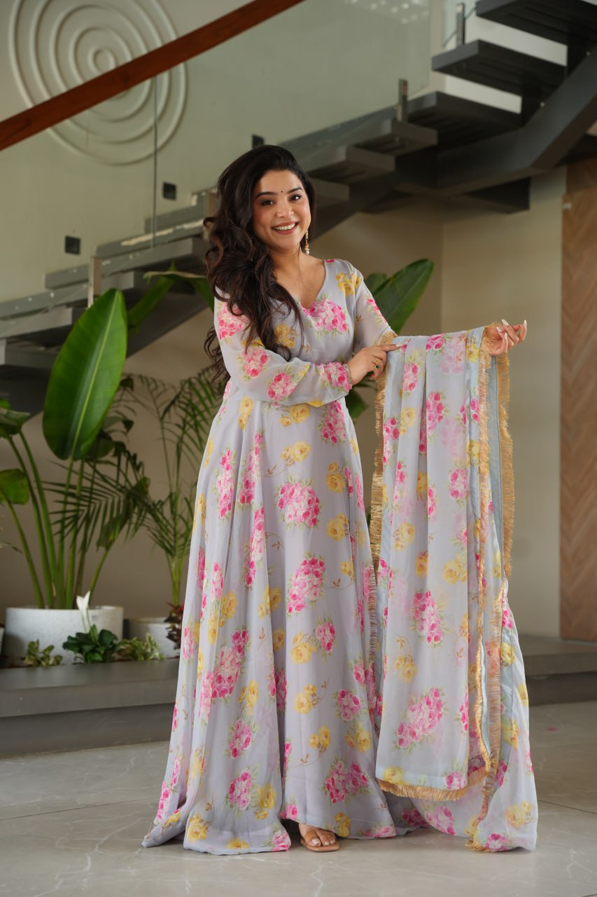 BEAUTIFUL GRAY SUIT FLORAL GOWN