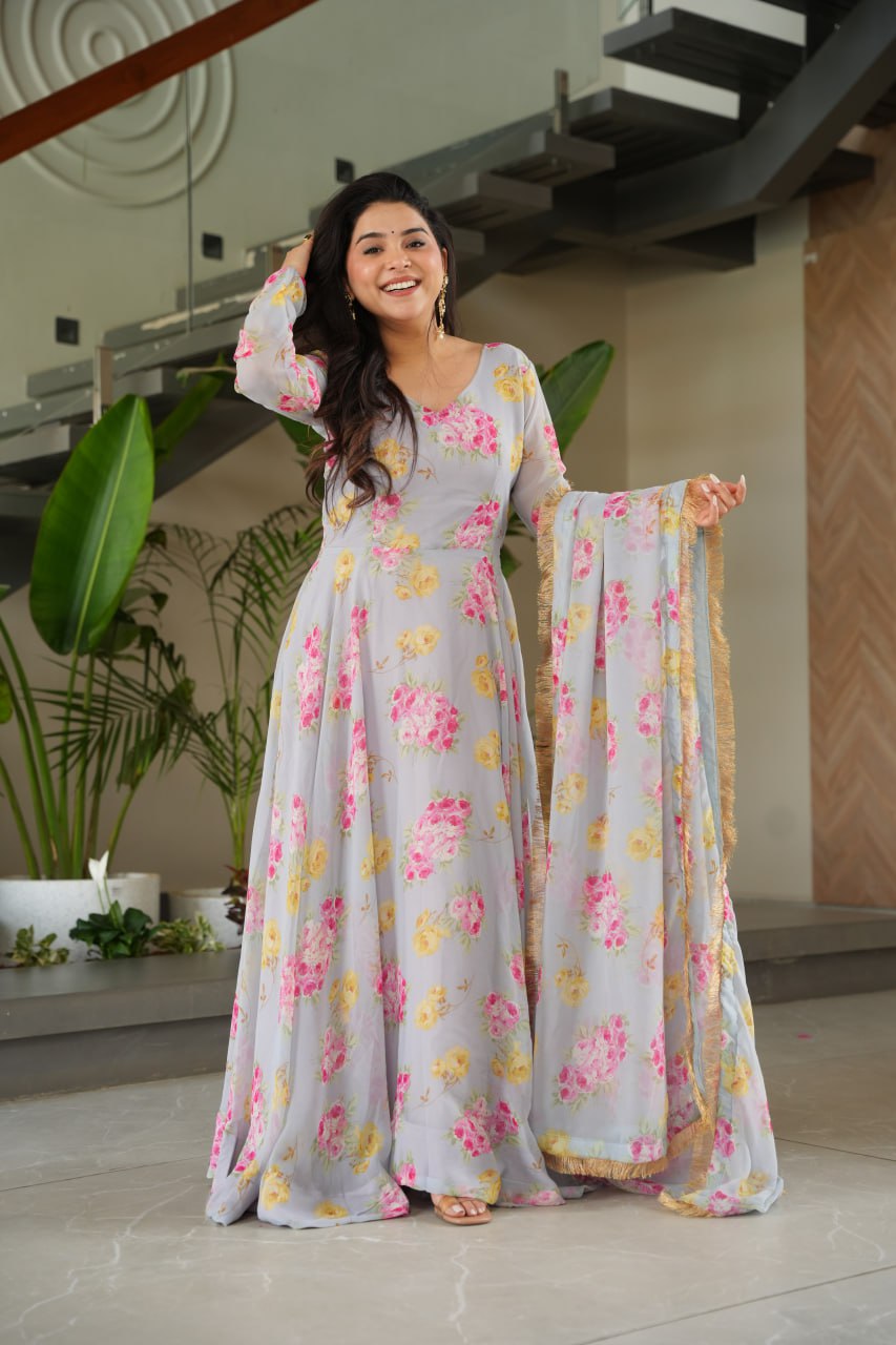 BEAUTIFUL GRAY SUIT FLORAL GOWN