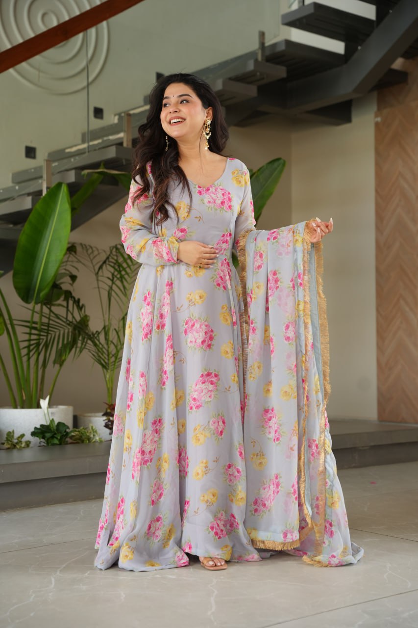 BEAUTIFUL GRAY SUIT FLORAL GOWN