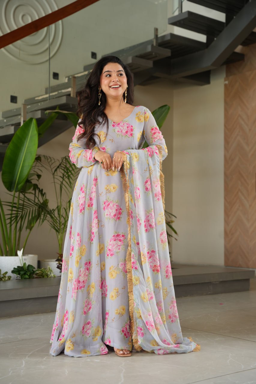 BEAUTIFUL GRAY SUIT FLORAL GOWN