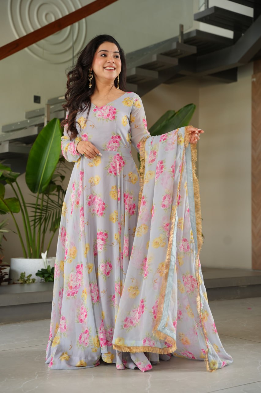 BEAUTIFUL GRAY SUIT FLORAL GOWN