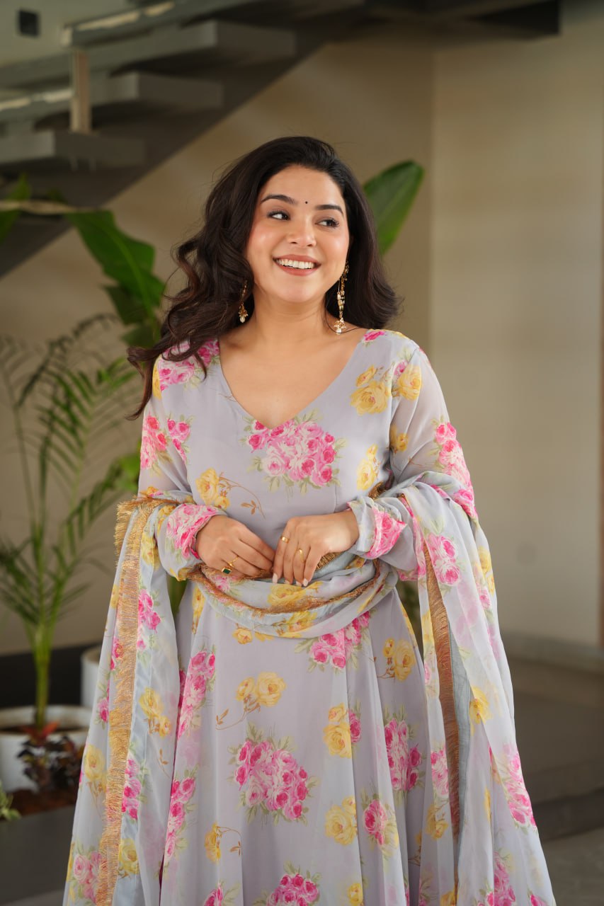 BEAUTIFUL GRAY SUIT FLORAL GOWN