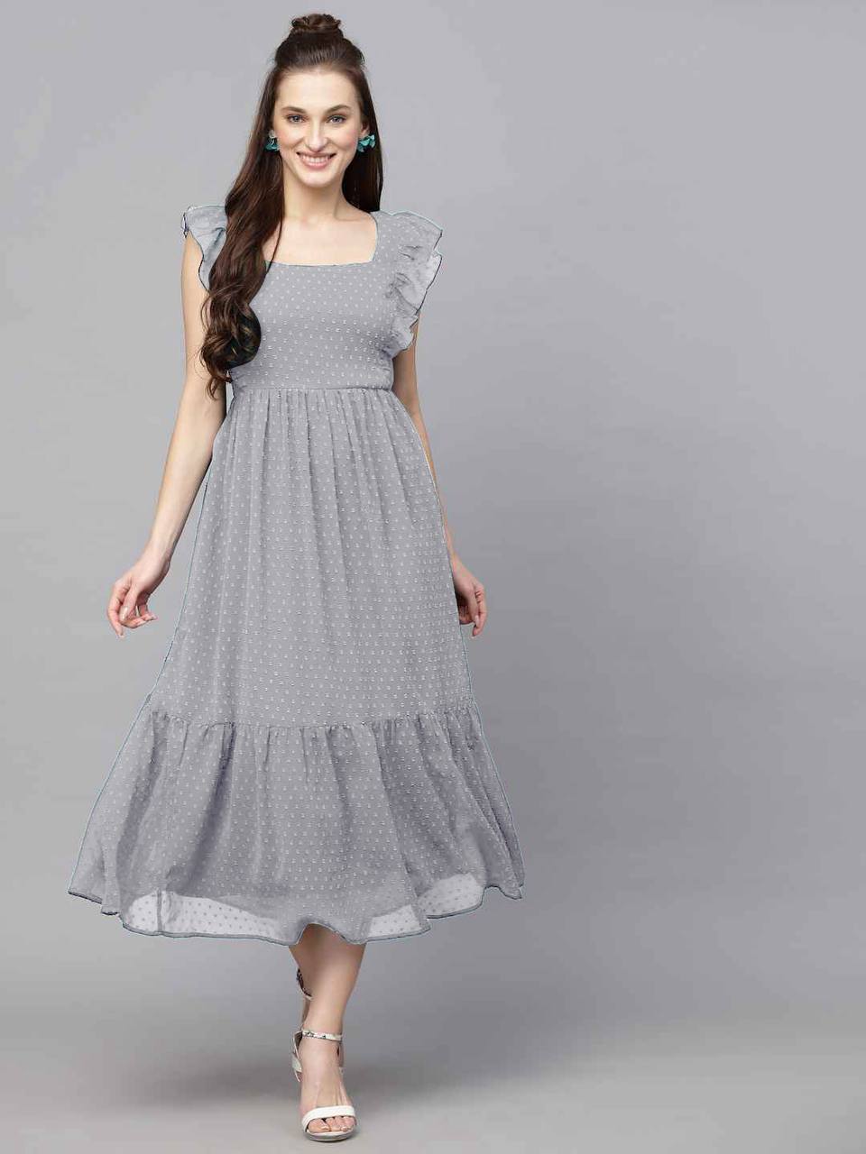 Long Trending Georgette Butti Gown with Frill Sleeves