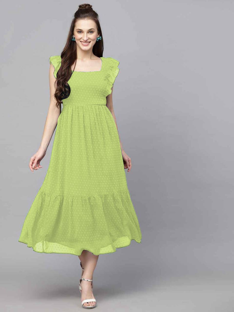 Long Trending Georgette Butti Gown with Frill Sleeves