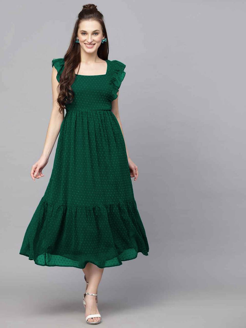 Long Trending Georgette Butti Gown with Frill Sleeves