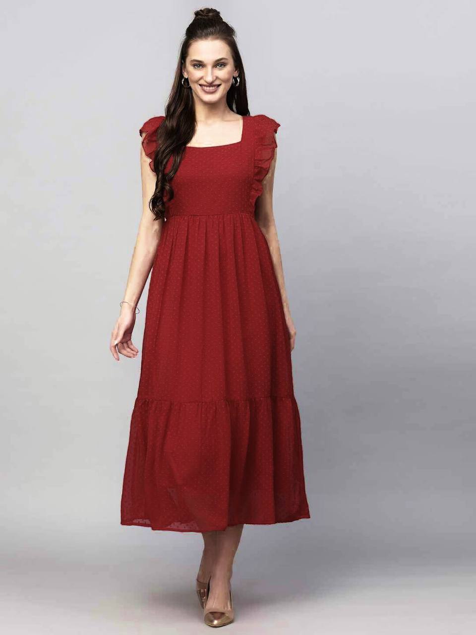 Long Trending Georgette Butti Gown with Frill Sleeves