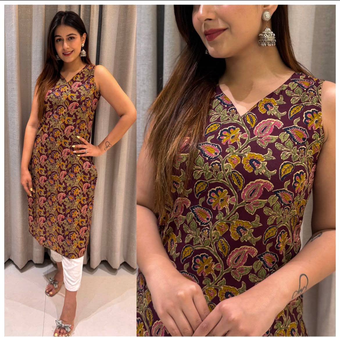 Sleeveless Cotton Printed Kurti – Perfect for Regular & Office Wear