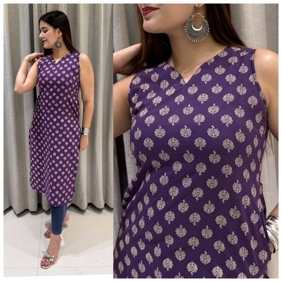 Sleeveless Cotton Printed Kurti – Perfect for Regular & Office Wear