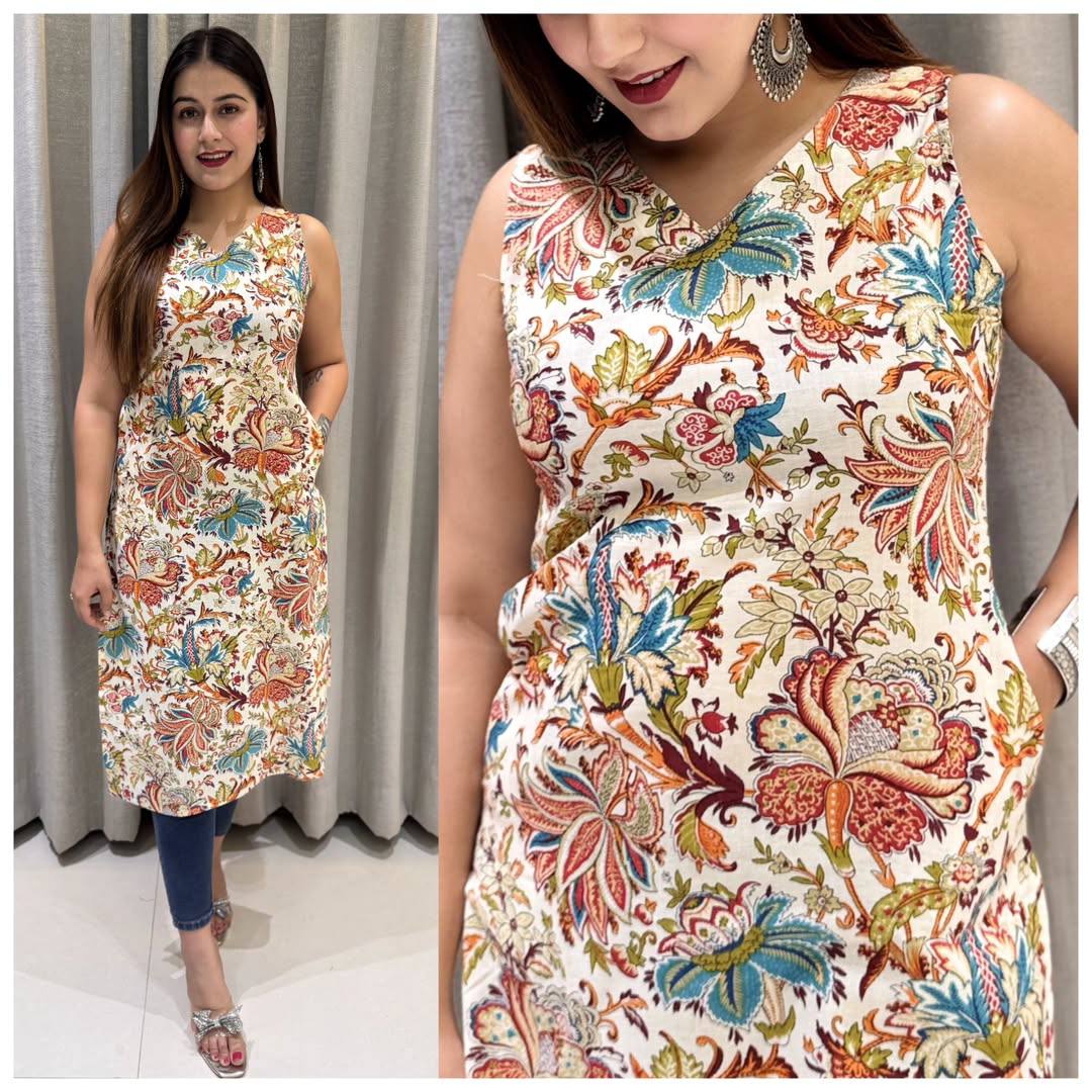 Sleeveless Cotton Printed Kurti – Perfect for Regular & Office Wear