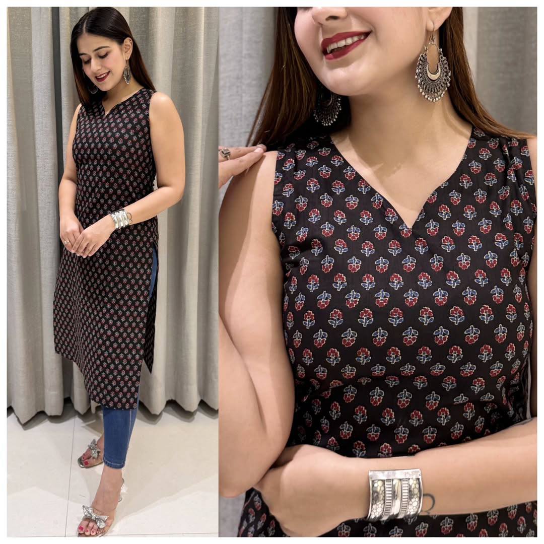 Sleeveless Cotton Printed Kurti – Perfect for Regular & Office Wear
