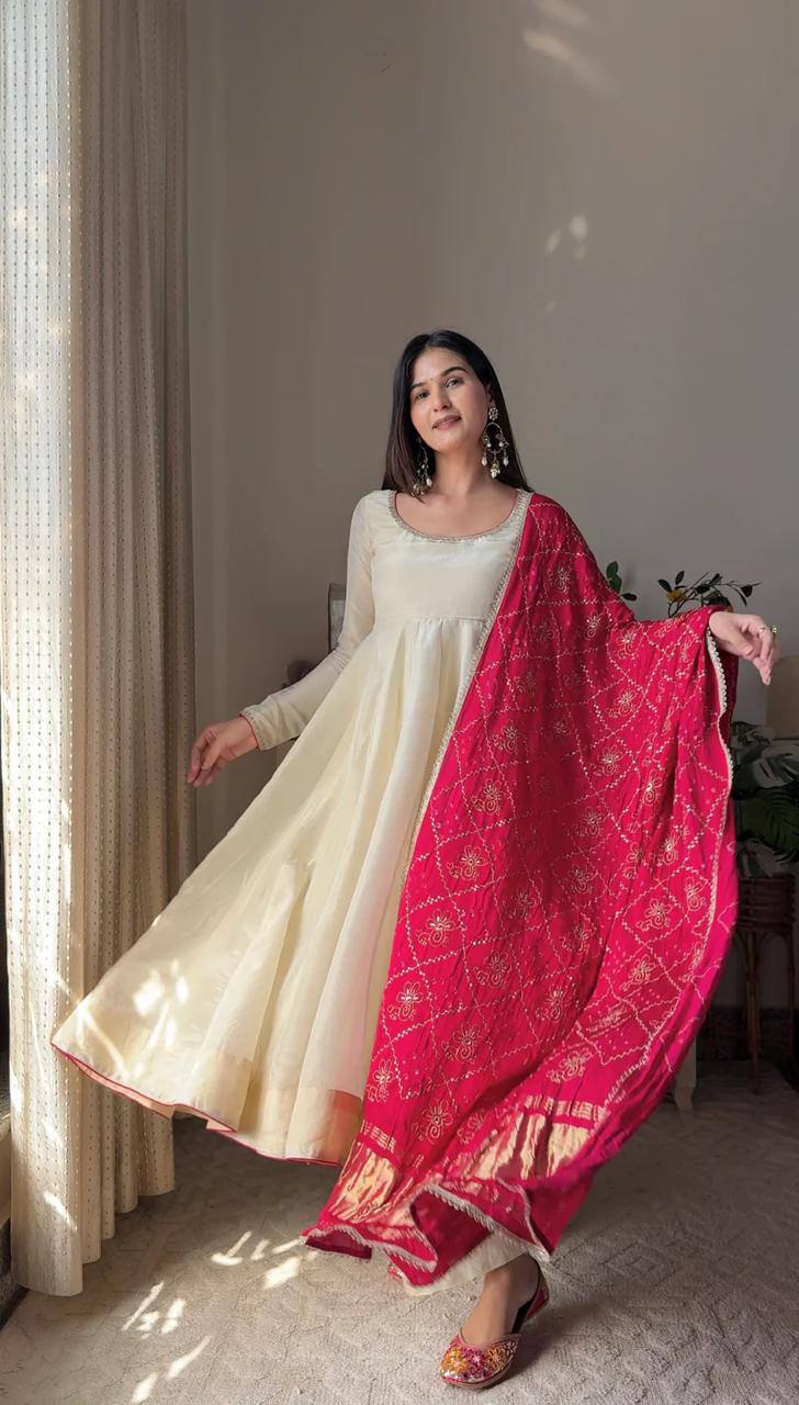 Graceful Chinon Gown Set with Plazzo & Dupatta