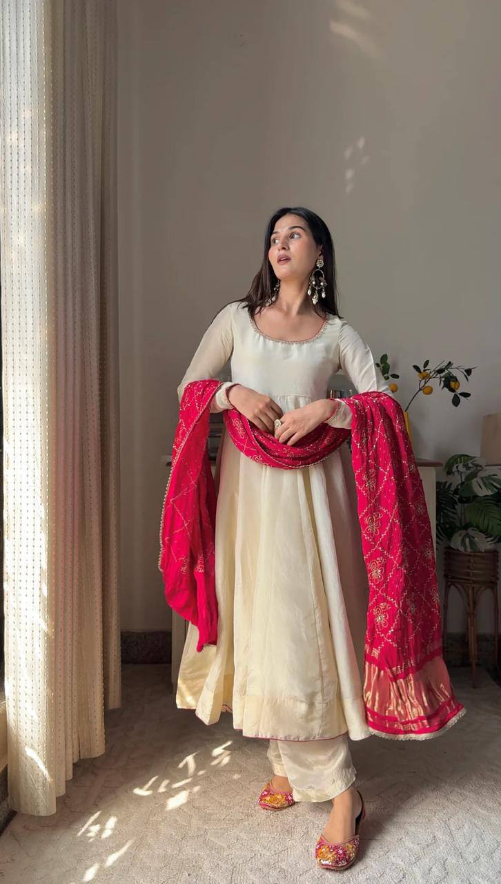 Graceful Chinon Gown Set with Plazzo & Dupatta
