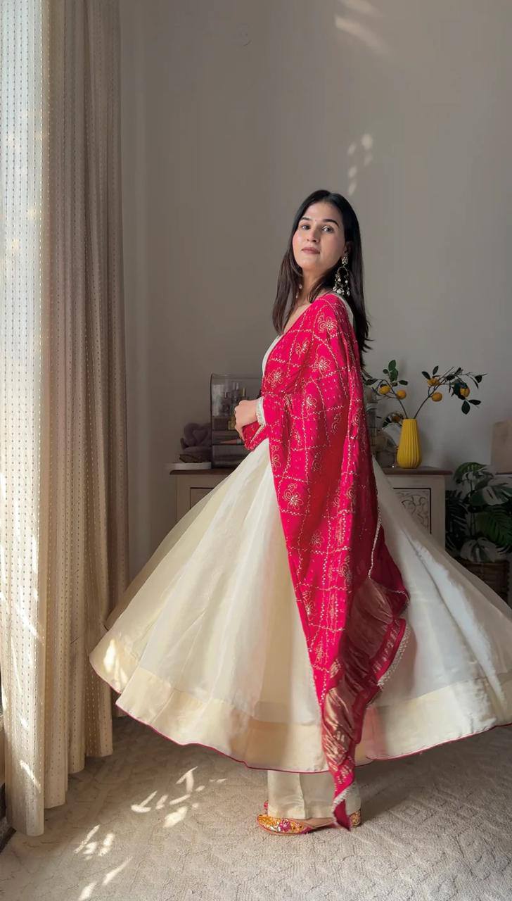 Graceful Chinon Gown Set with Plazzo & Dupatta