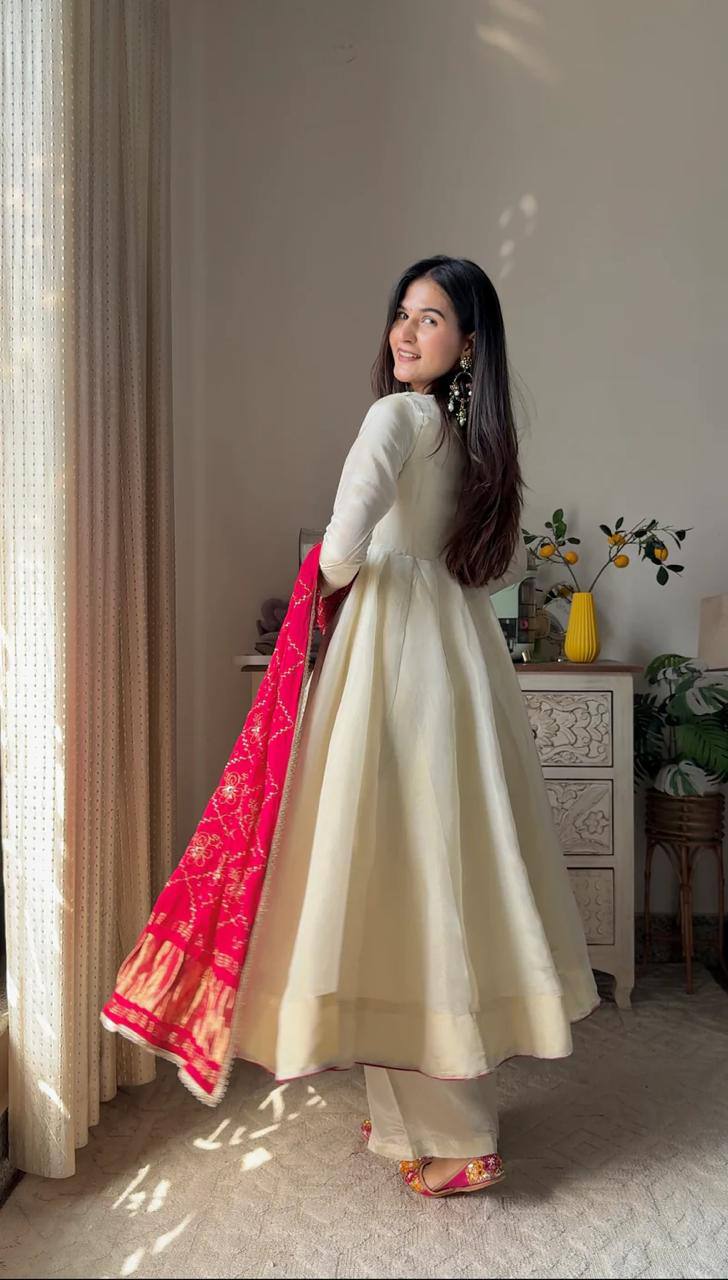 Graceful Chinon Gown Set with Plazzo & Dupatta