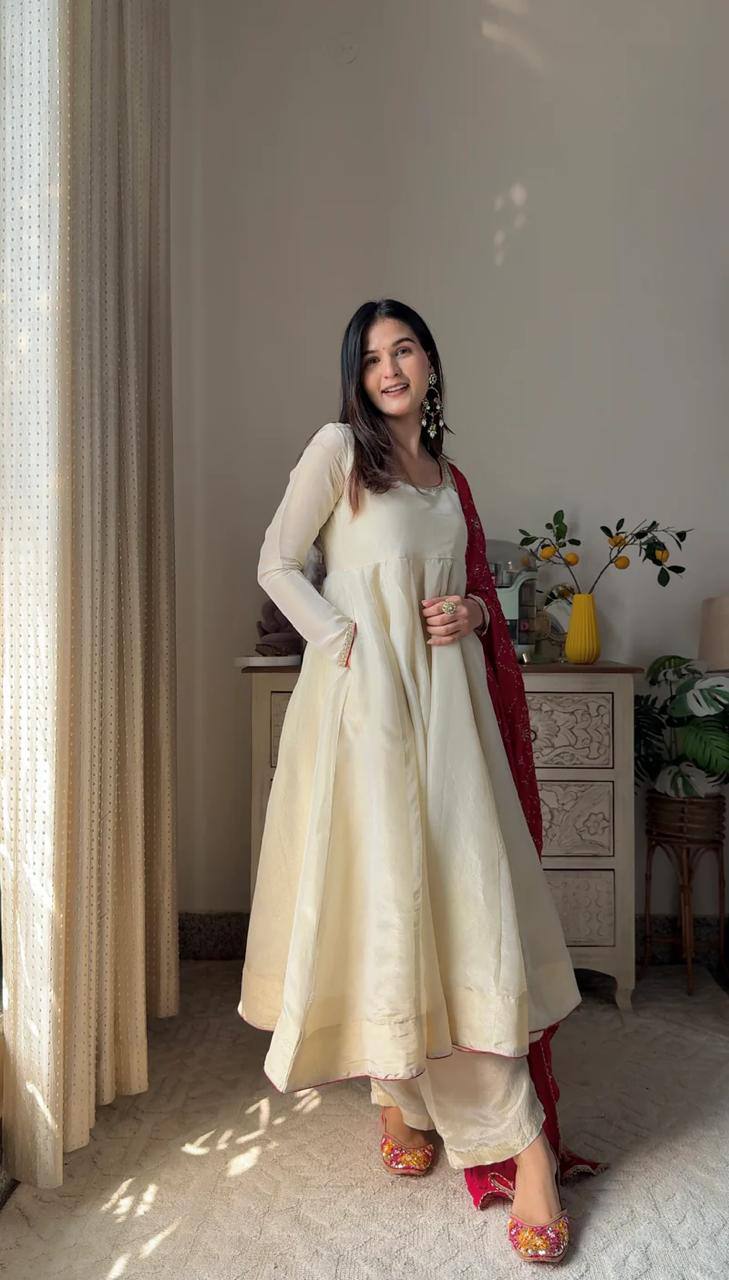 Graceful Chinon Gown Set with Plazzo & Dupatta