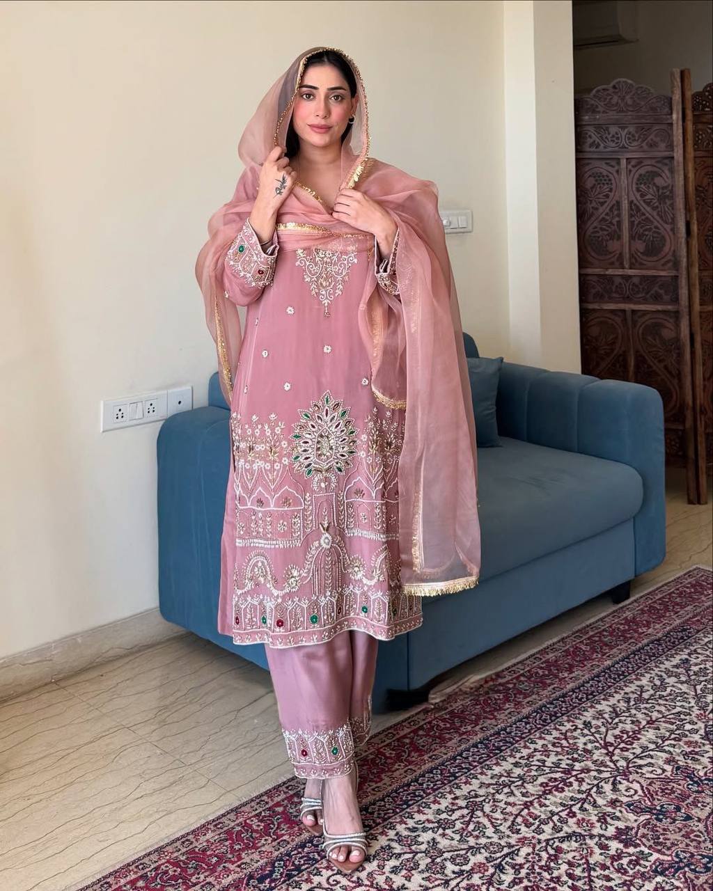 Baby Pink Exclusive Embroidered 3-Piece Pant Set with Dupatta