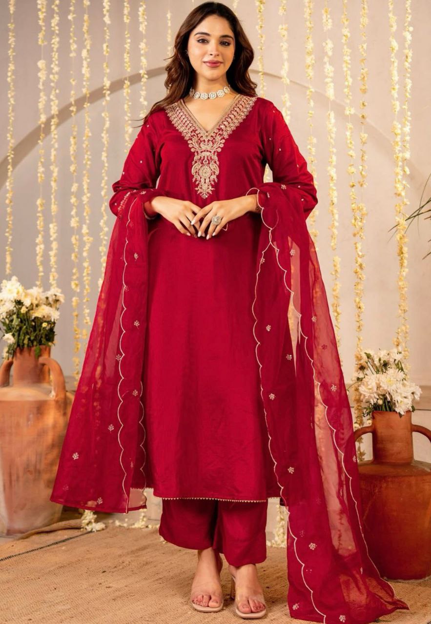 Premium Red Designer Kurta Pant Set with Dupatta