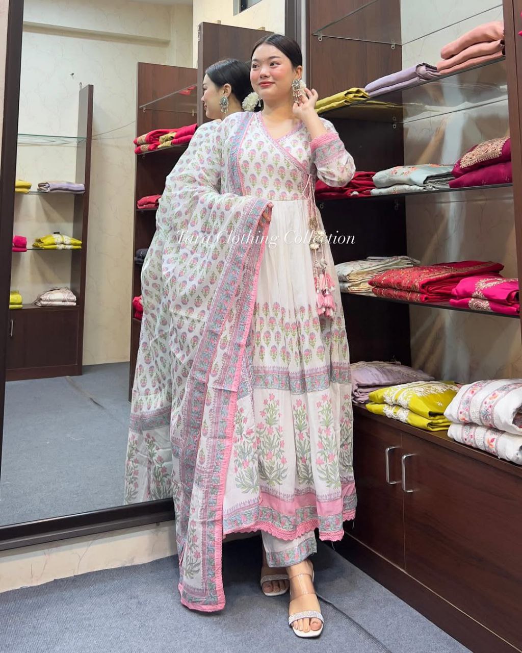 Elegant Pink Mal Cotton Kurti Set Anarkali Style