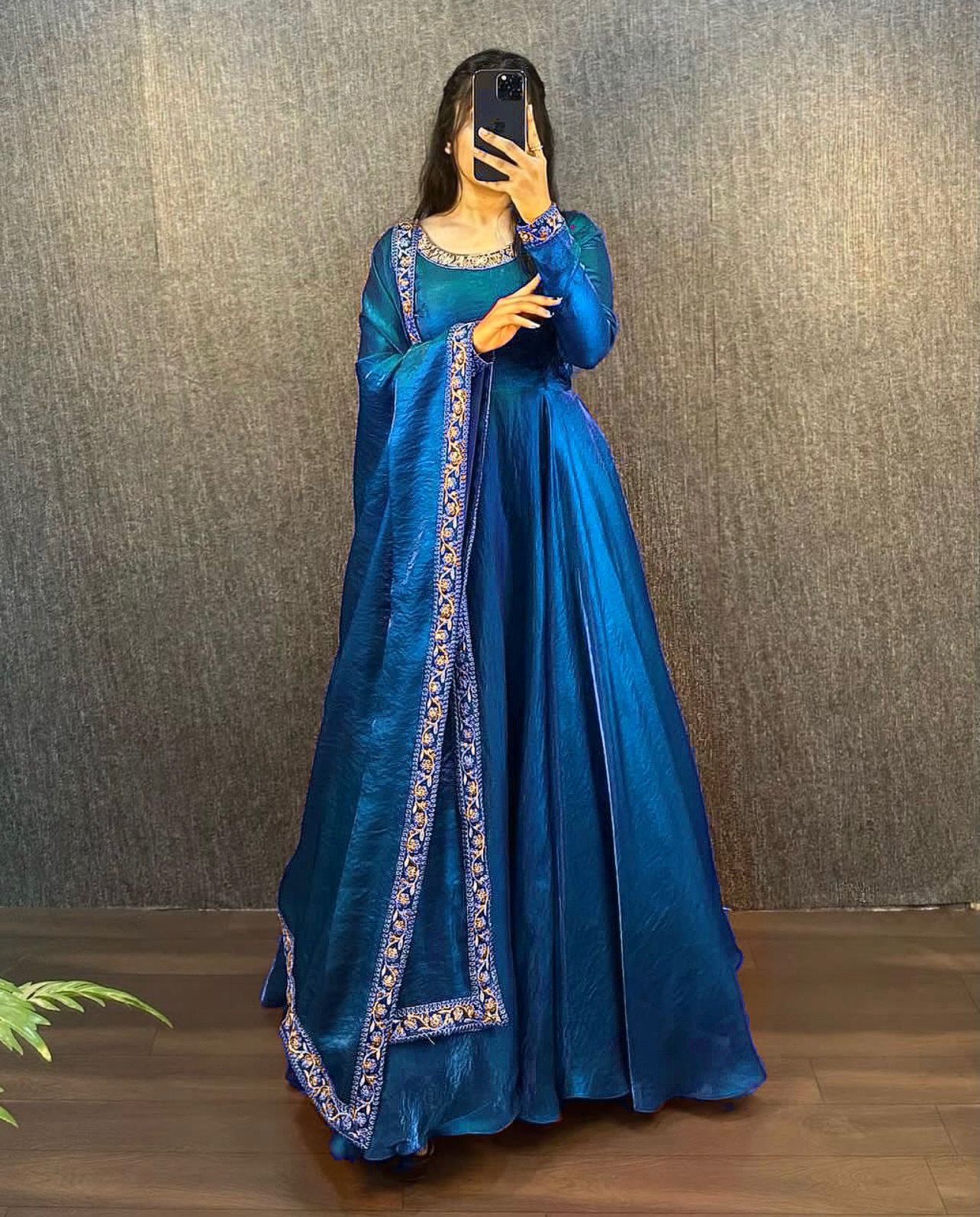 Elegant Fendy Silk Embroidered Gown with Dupatta