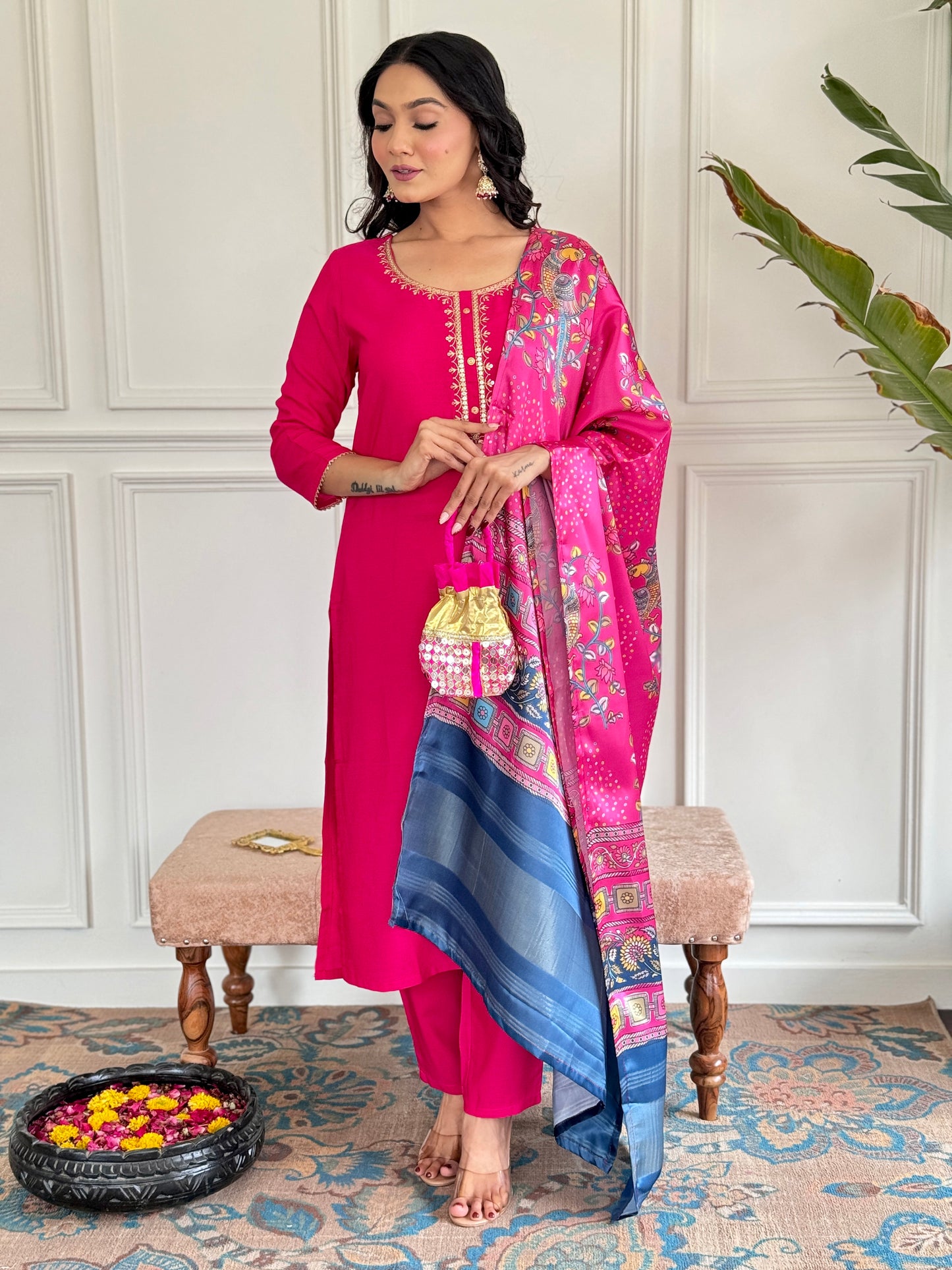 RANI PINK VISCOSE EMBRIOIDERY KURTA SET