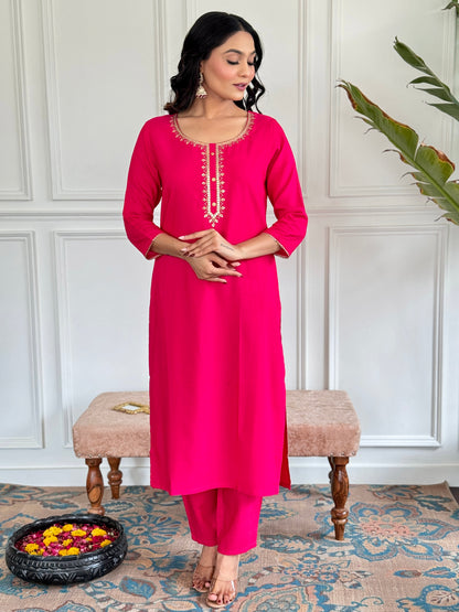 RANI PINK VISCOSE EMBRIOIDERY KURTA SET