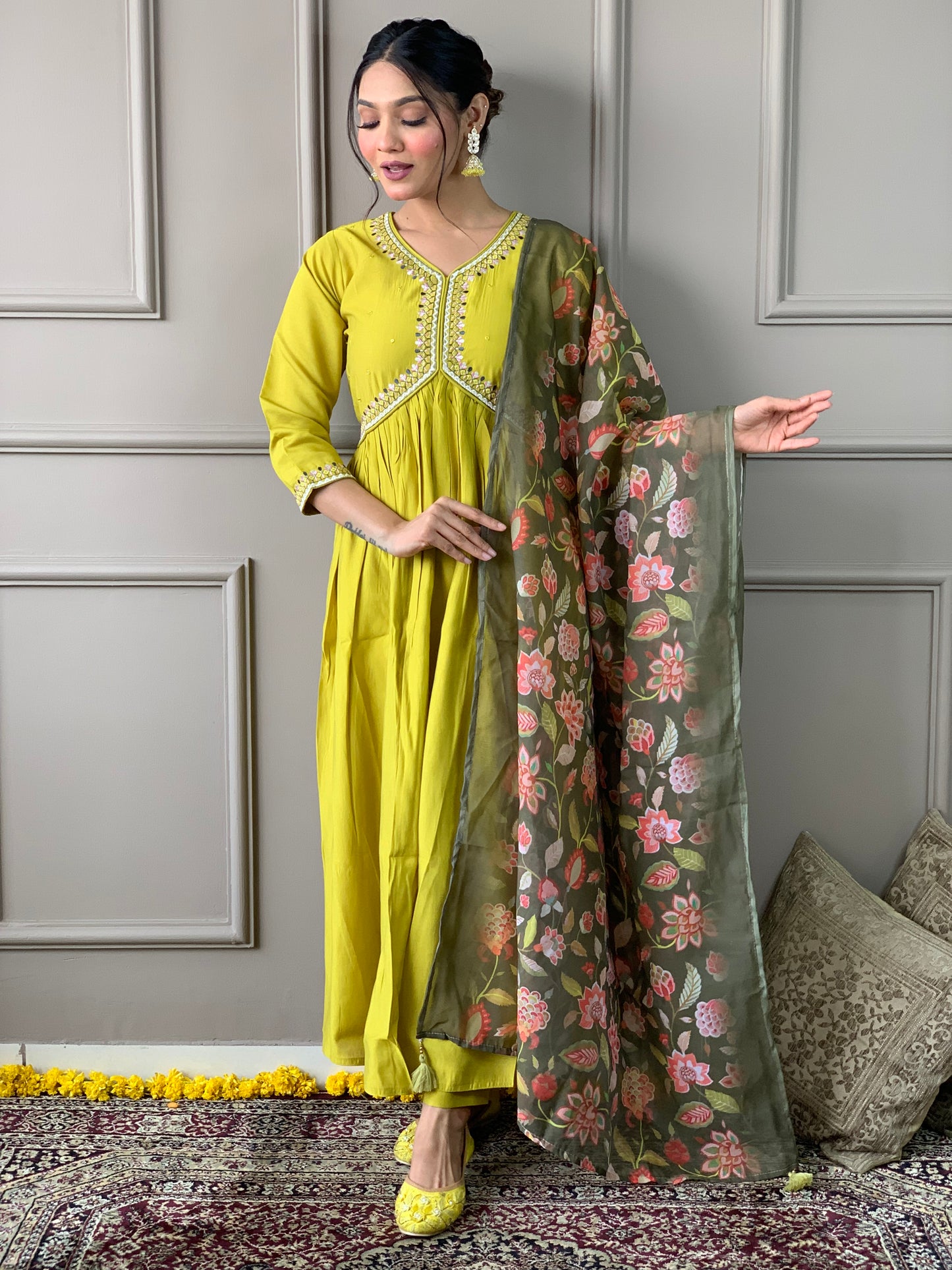 Embroidered Chanderi Silk A Line Suit in Light Green