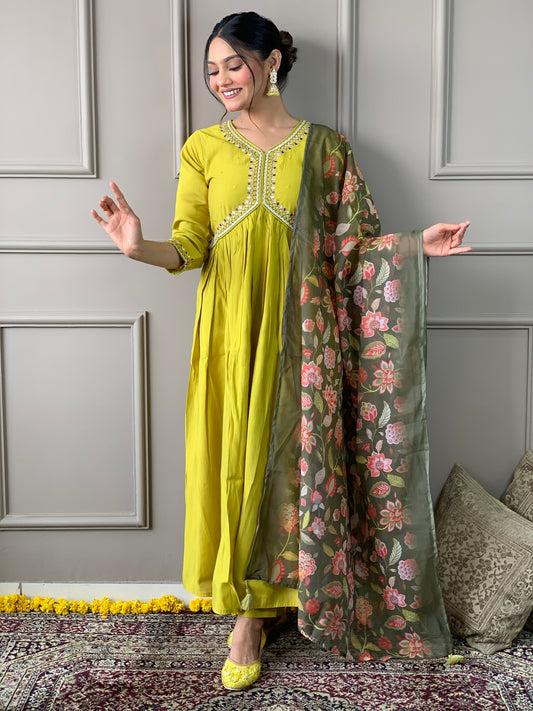 Embroidered Chanderi Silk A Line Suit in Light Green