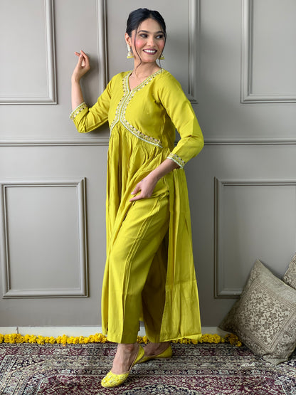 Embroidered Chanderi Silk A Line Suit in Light Green