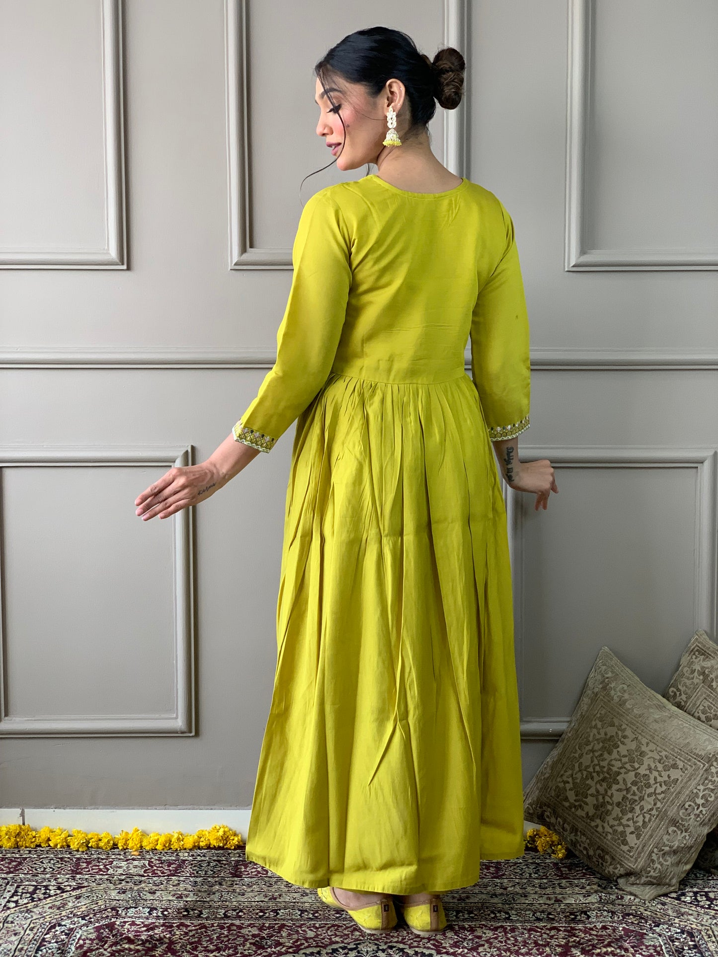 Embroidered Chanderi Silk A Line Suit in Light Green