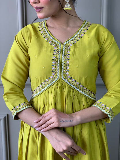 Embroidered Chanderi Silk A Line Suit in Light Green