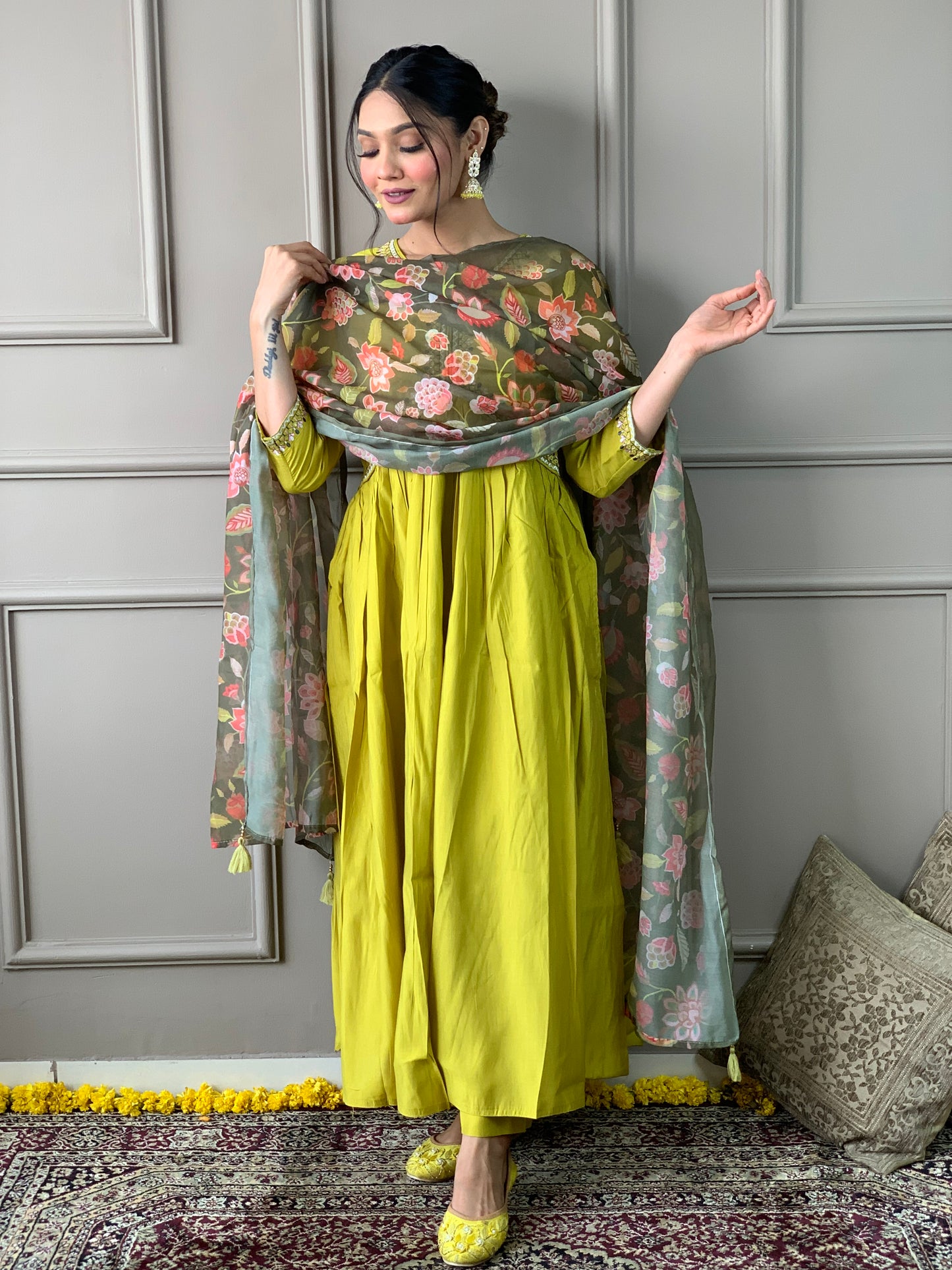 Embroidered Chanderi Silk A Line Suit in Light Green