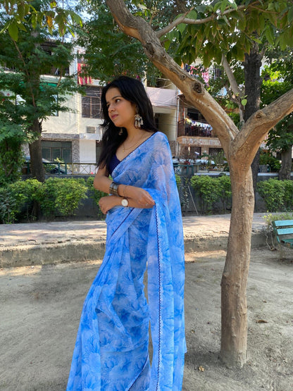 BLUE PURE HEAVY CHIFFONE DIGITAL PRINT SAREE