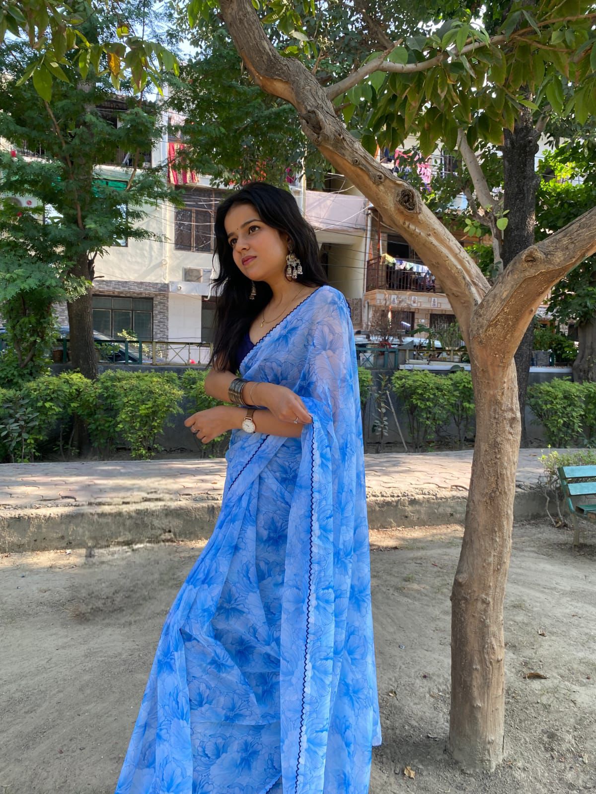 BLUE PURE HEAVY CHIFFONE DIGITAL PRINT SAREE