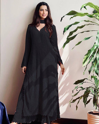 Peach Faux Georgette Embroidered Top with Plazo & Dupatta Set – Trendy & Elegant
