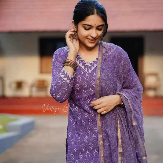 NEW PURPLE PURE COTTON KURTA PANT SET