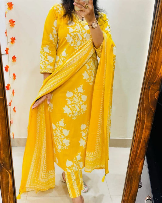 New Yellow Cotton Kurti Set with Dupatta