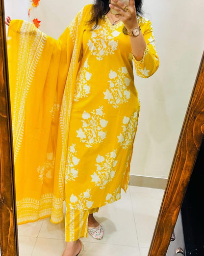 New Yellow Cotton Kurti Set with Dupatta