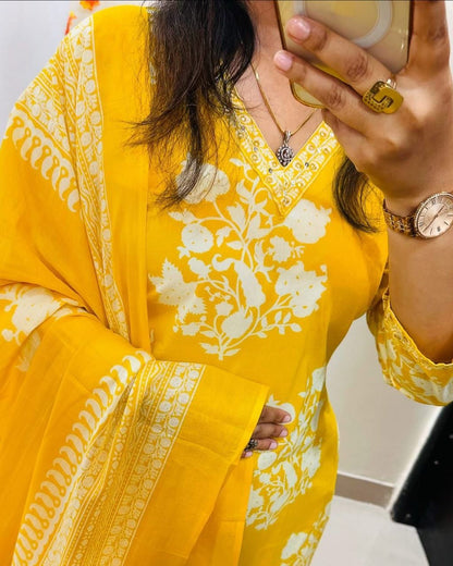 New Yellow Cotton Kurti Set with Dupatta