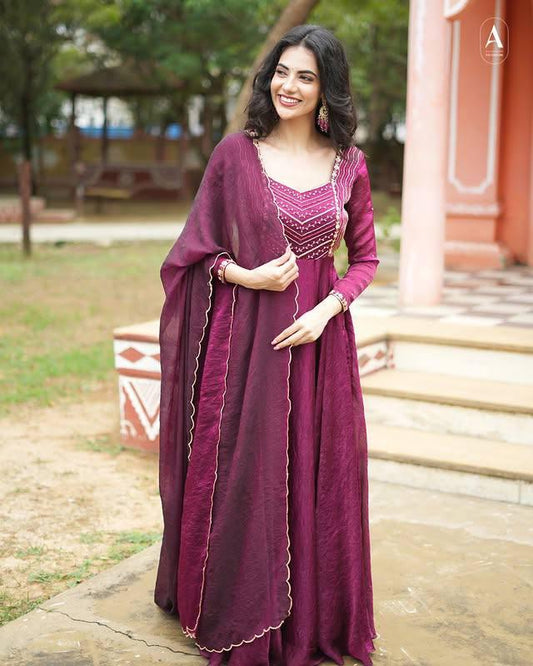 Beutiful Wine Embroidered Anarkali