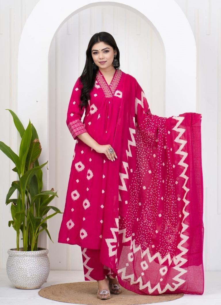 Premium Discharge Cotton 3-Piece Set with Handwork