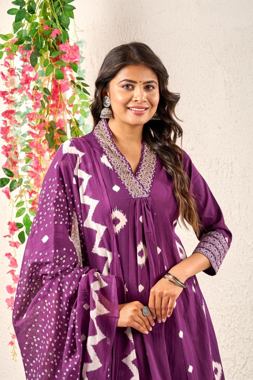 Premium Discharge Cotton 3-Piece Set with Handwork