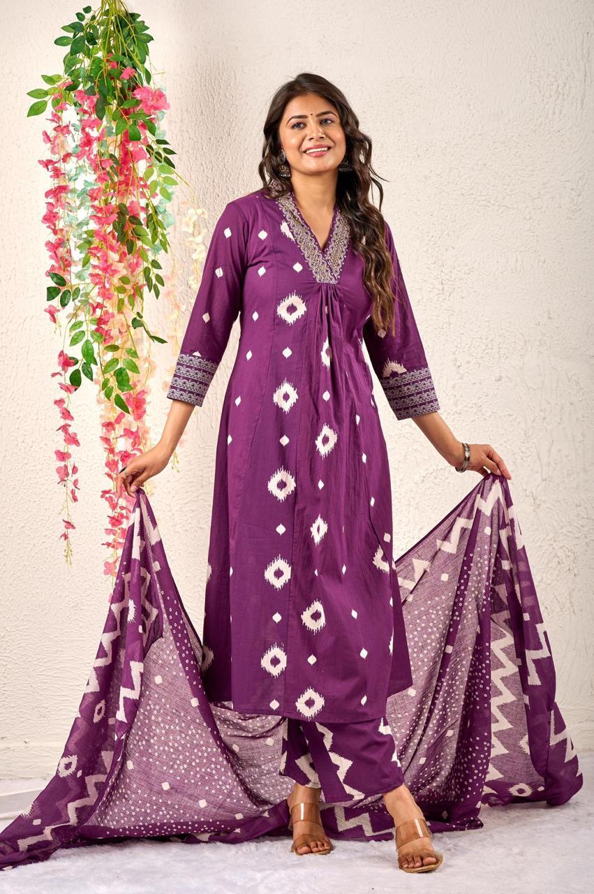 Premium Discharge Cotton 3-Piece Set with Handwork