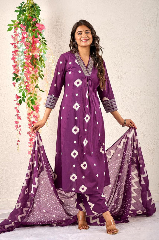Premium Discharge Cotton 3-Piece Set with Handwork