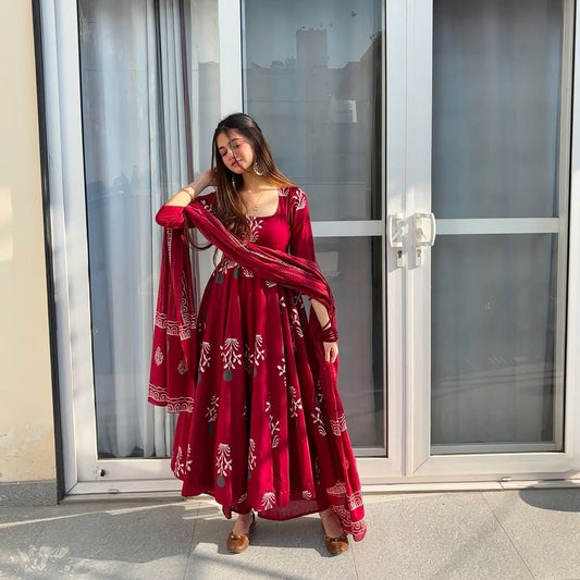 Floral Cotton Anarkali Set with Dupatta & Palazzo