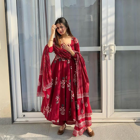 Floral Cotton Anarkali Set with Dupatta & Palazzo