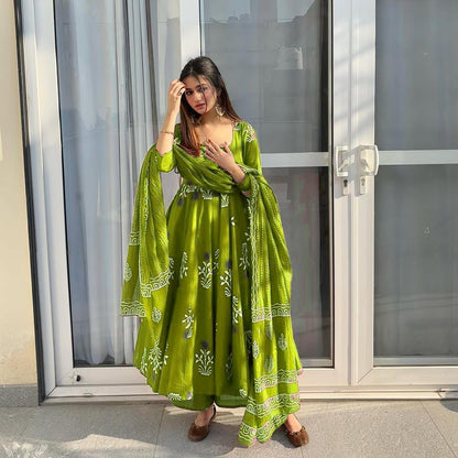 Floral Cotton Anarkali Set with Dupatta & Palazzo