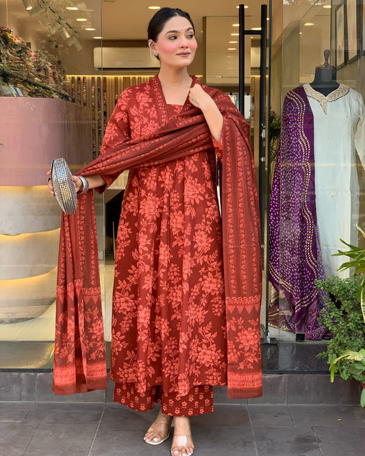 Designer Mughal Block Print 3-Piece Set Kurti, Pant & Dupatta