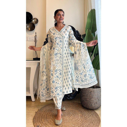 White-Grey Floral Afghani Suit Set