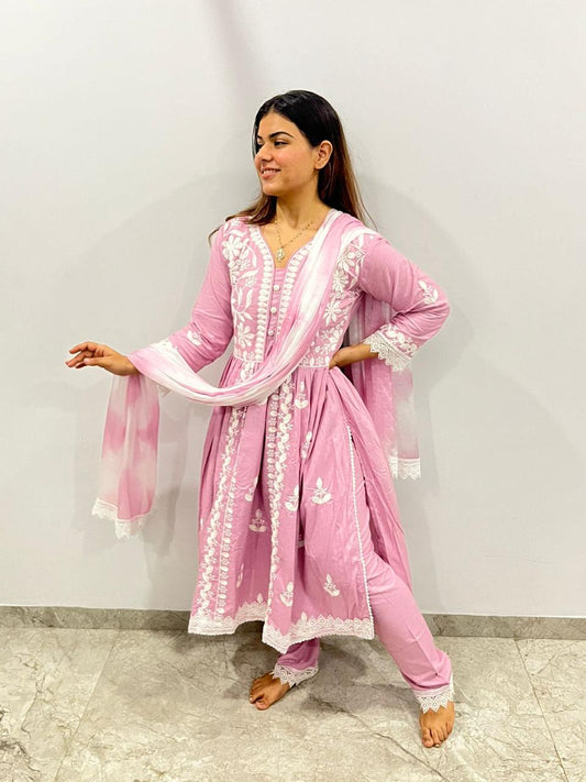 CHIKANKARI REYON COTTON KURTA SET WITH NAZEEN DYE DUPATTA